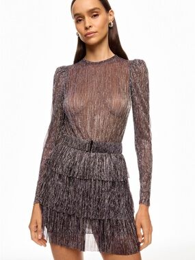 Sabina Musayev Metallic Sheer Long-Sleeve Tiered Mini Dress - Silver